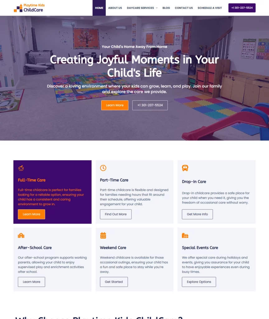 Website design for a daycare center in Maryland, USA, built by FuturePeak Digital with a family-friendly, professional, and SEO-focused layout.