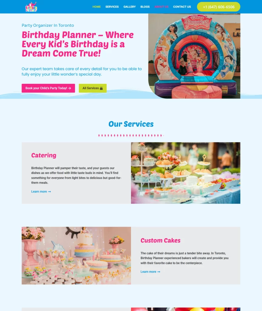 Custom website design for a Canadian birthday and event planning business, created by FuturePeak Digital to showcase services and attract clients.