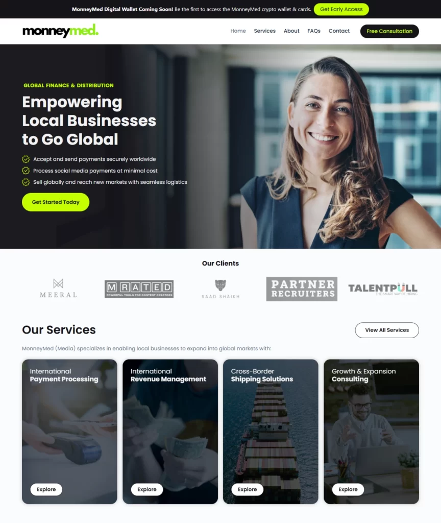 Custom website design for a UAE money transfer and financial services company, created by FuturePeak Digital to enhance credibility and online visibility.