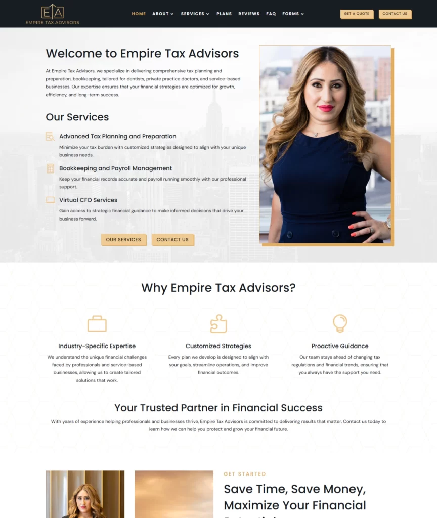Website design for a USA-based tax firm, created by FuturePeak Digital to showcase accounting expertise, compliance services, and client trust.