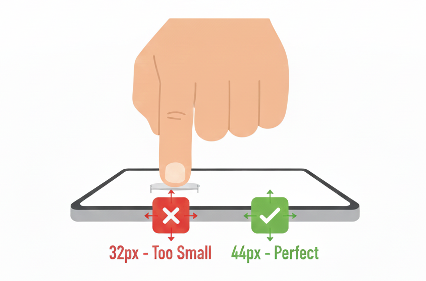 Touch target comparison: 32px too small, 44px optimal for finger taps.