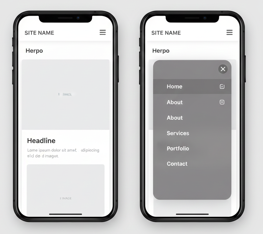 Mobile-friendly website interface with expanded hamburger menu showing navigation links