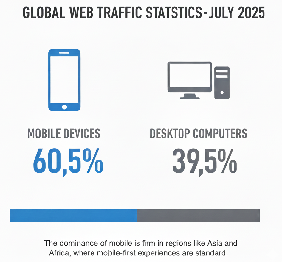 Global web traffic in July 2025: 60.5% mobile, 39.5% desktop.