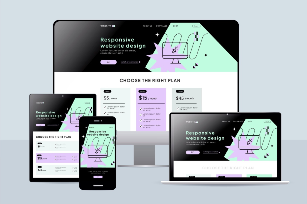 Responsive website design displayed on multiple devices, including desktop, laptop, tablet, and smartphone