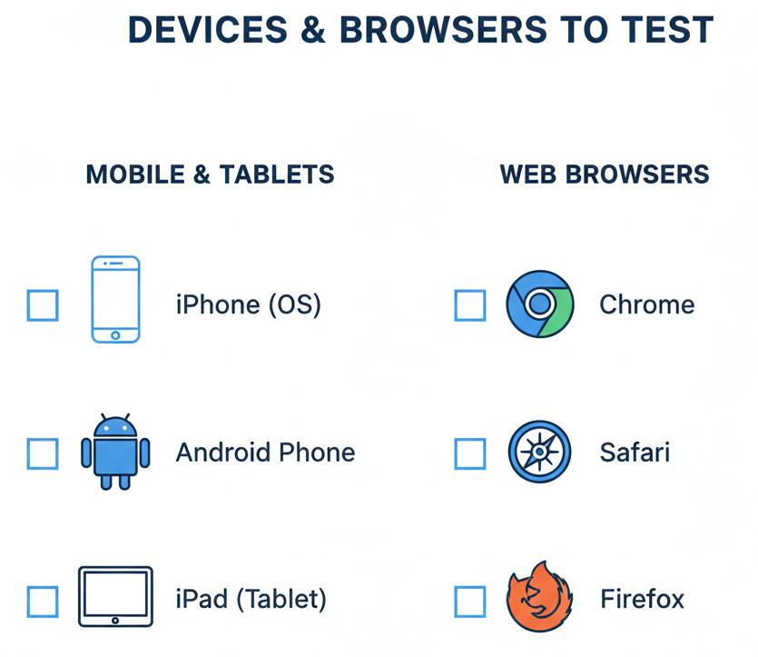 Checklist of mobile devices and web browsers for testing website compatibility
