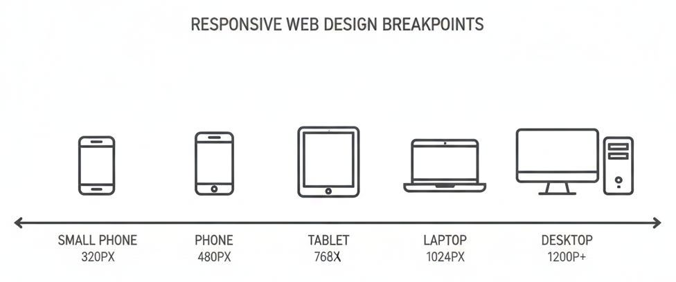 Responsive web design breakpoints: 320px to 1200px+ across five device types.