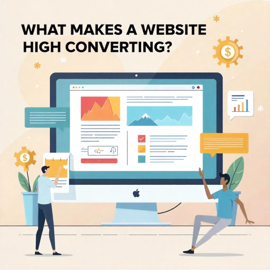 Illustration highlighting elements of a high-converting website, including charts, icons, and user interaction.