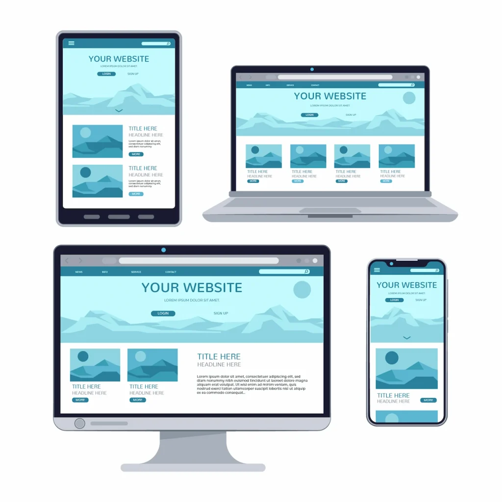 Three-device mockup showing the same website on desktop, tablet, and mobile with annotations showing responsive design elements