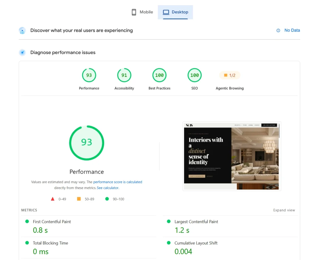 IAS Design PageSpeed Insights report